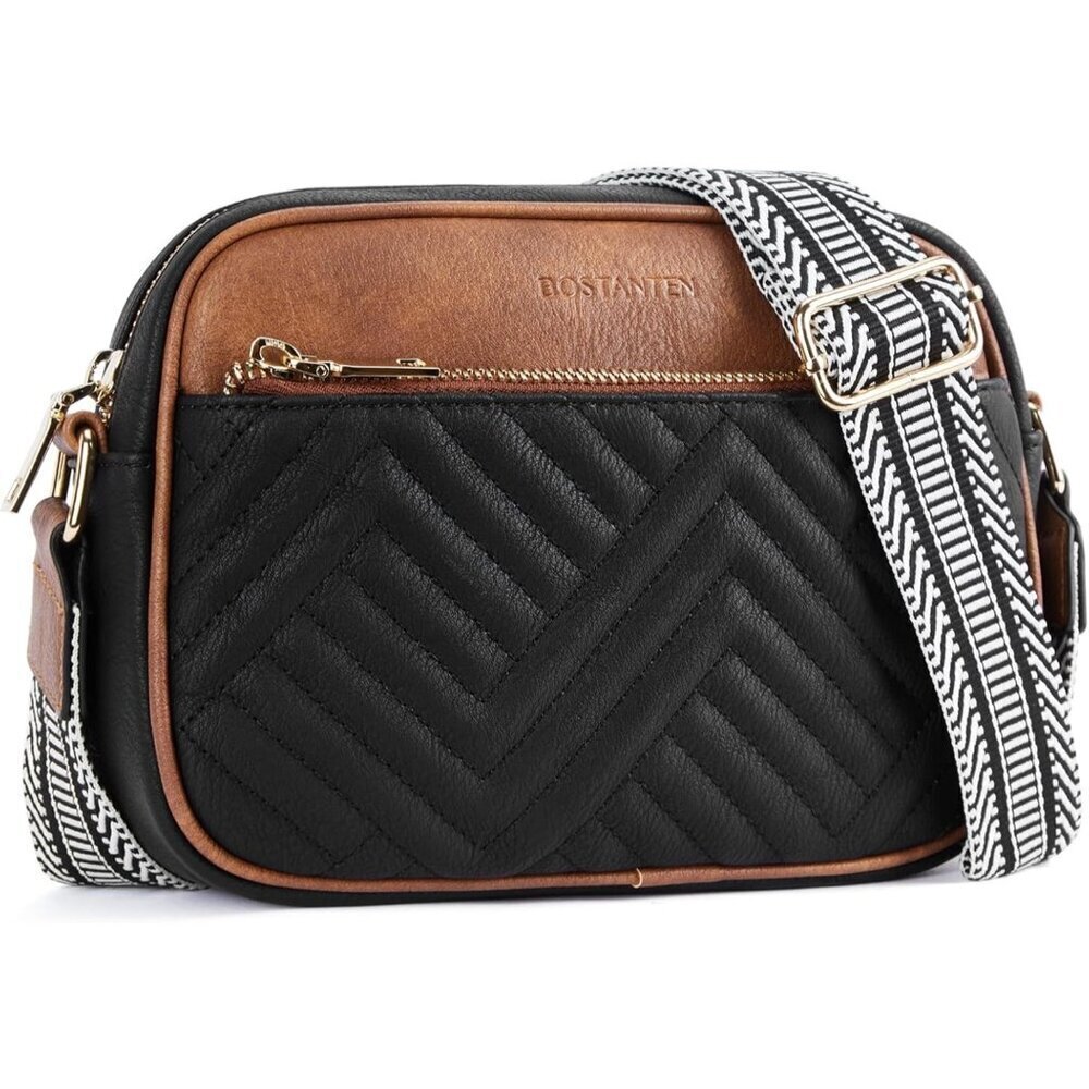 Quilted Vegan Leather Crossbody Black Bag Women Wide Strap and Shoulder Use